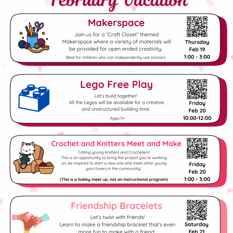Flyer for Feb Vacation 2026 Childrens Activities for West Falmouth Library