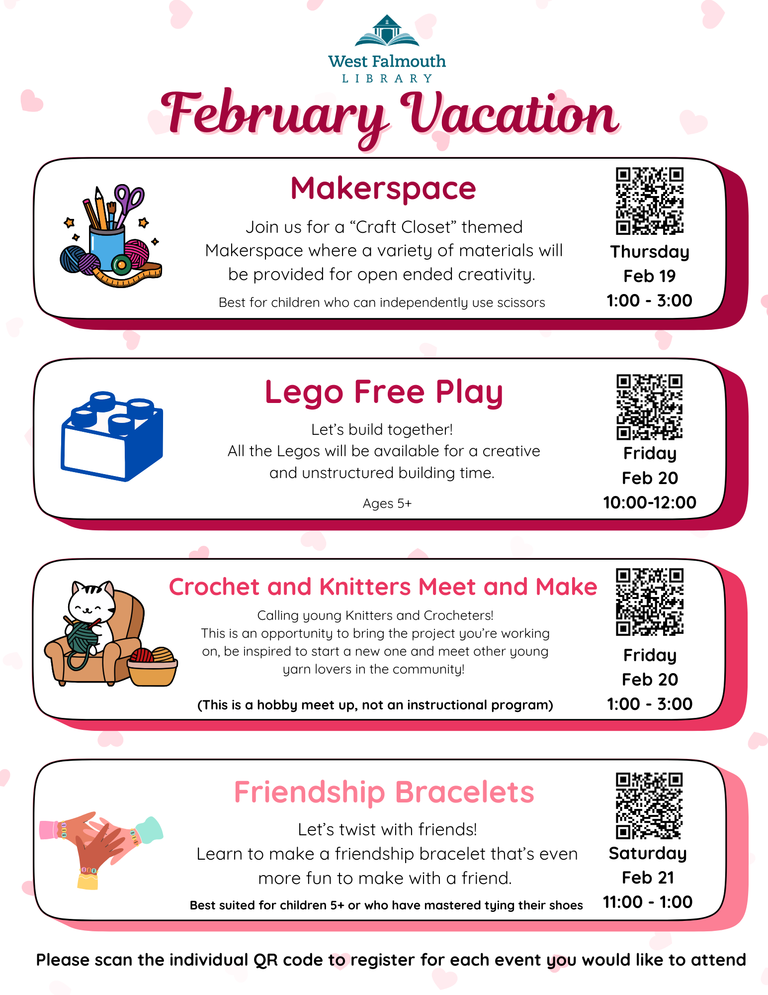 Flyer for Feb Vacation 2026 Childrens Activities for West Falmouth Library