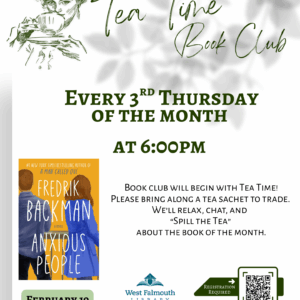 flyer for Tea time book club in Feb 2026 at West Falmouth Library