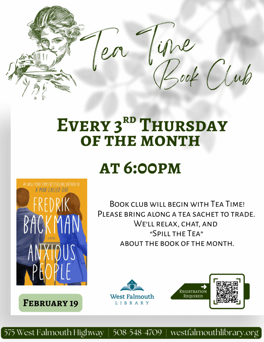 flyer for Tea time book club in Feb 2026 at West Falmouth Library