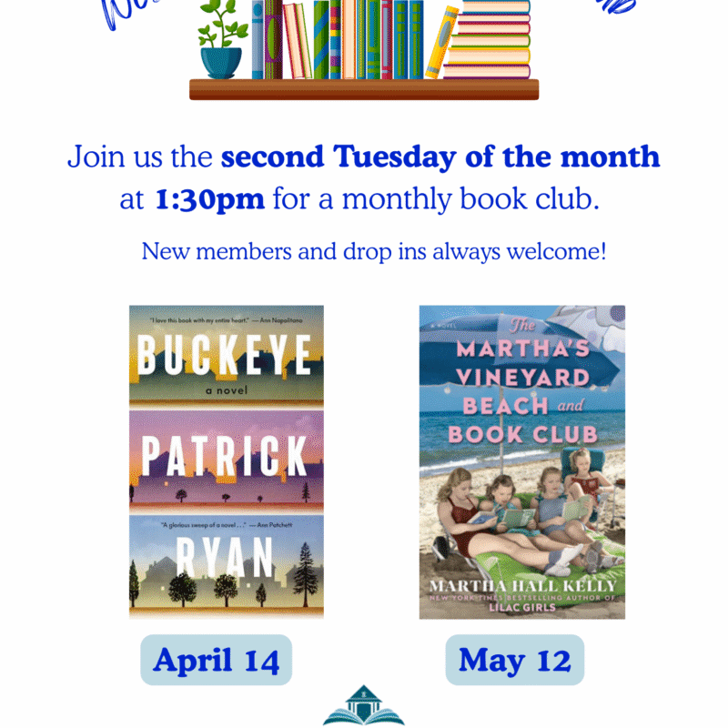 2026 WFL Book Club for April and May flyer for West Falmouth Library