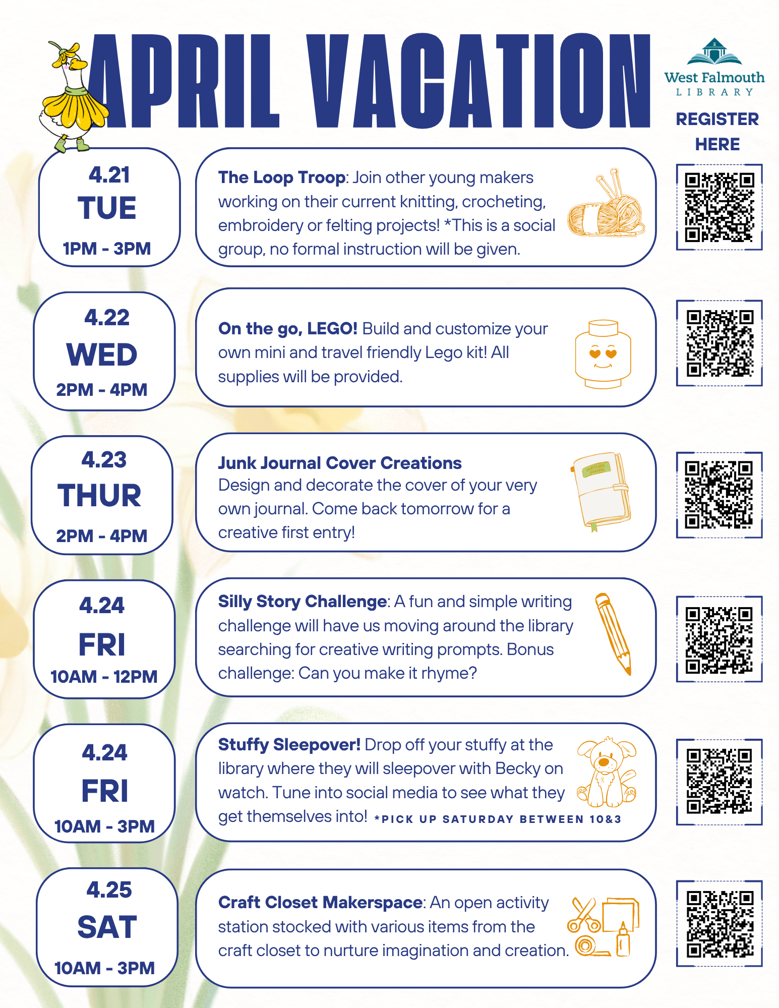 flyer for Spring 2026 School Vacation Week at West Falmouth Library