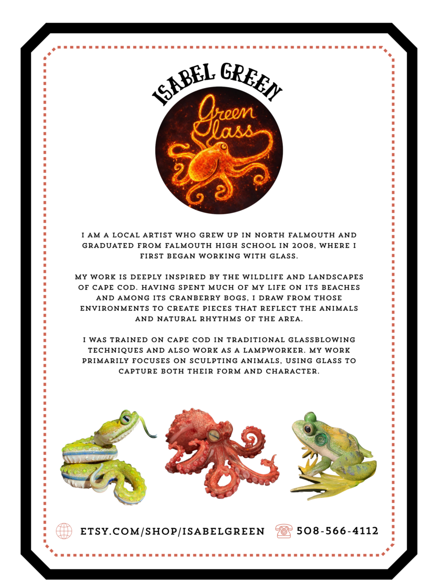 flyer for May 2025 artist of the Month at West Falmouth Library Isabel Green