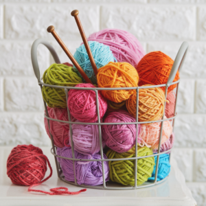 photo of a basket of colorful yarn balls and knitting needles