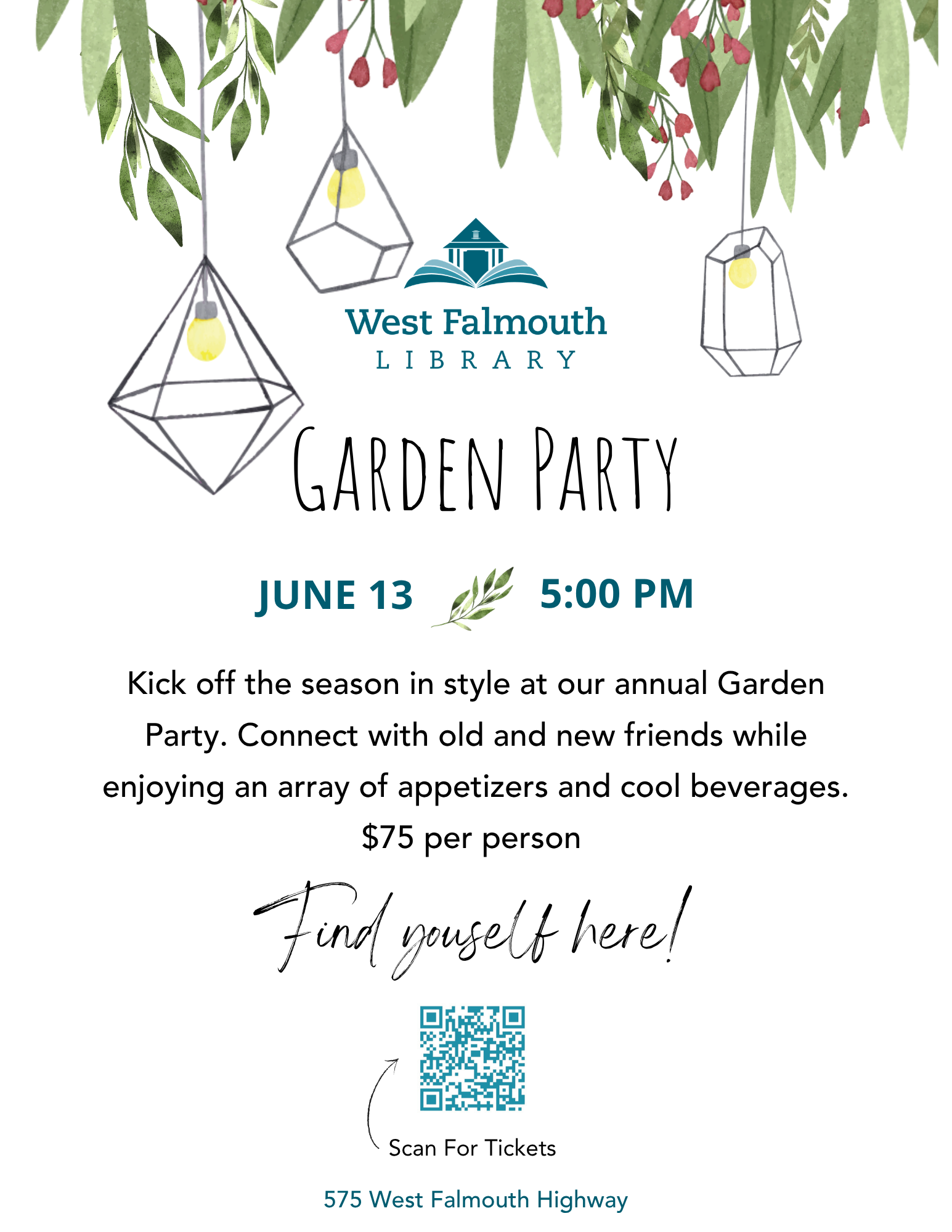 Flyer for June 2026 Garden Party at West Falmouth Library