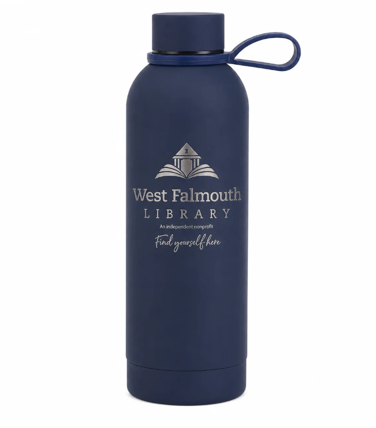 Dark blue branded West Falmouth Library water bottle