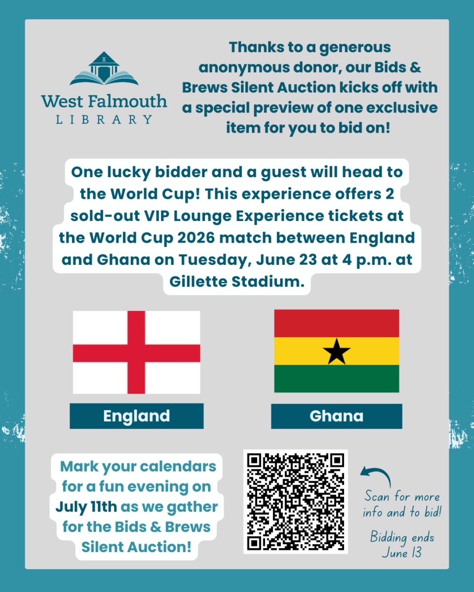 flyer for bidding on 2026 world Cup tickets for a West Falmouth library auction fundraiser