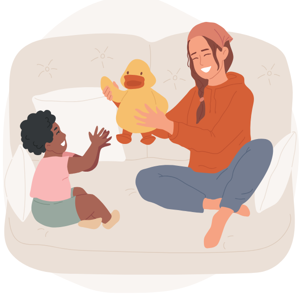color graphic of a babysitter holding a stuffed duck up and smiling at a seated child