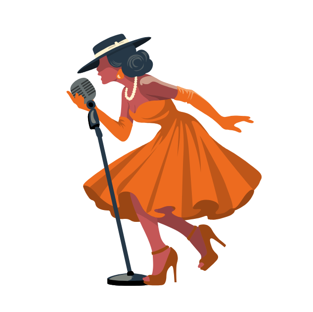 illustration of Black Jazz woman vocalist with orange dress and black rimmed hat
