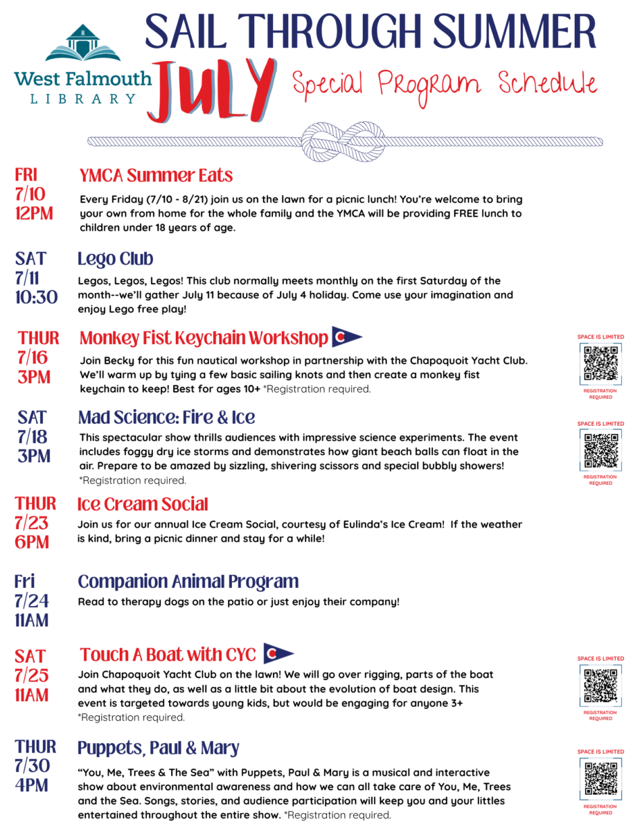flyer of July 2026 kids and family activities at West Falmouth Library