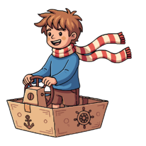 color illustration of a young child with a scarf on in a cardboard boat