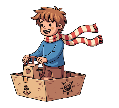 color illustration of a young child with a scarf on in a cardboard boat