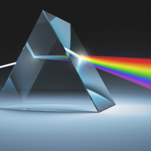 a triangular light prism with ROYGBIV colored light beams