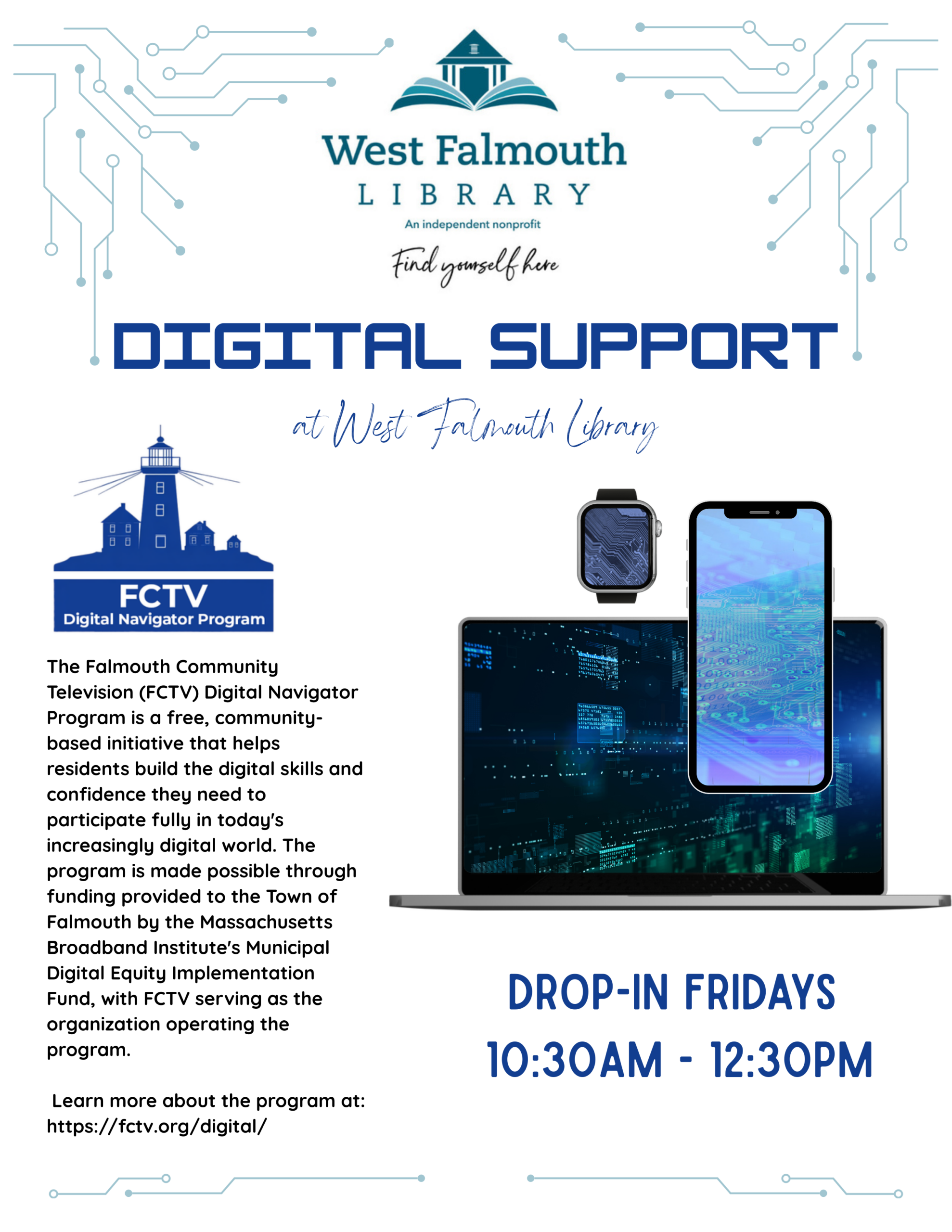flyer for free drop in digital and tech help at West Falmouth Library