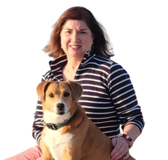 photo of Cape Cod author Janis Robinson Daly and her dog