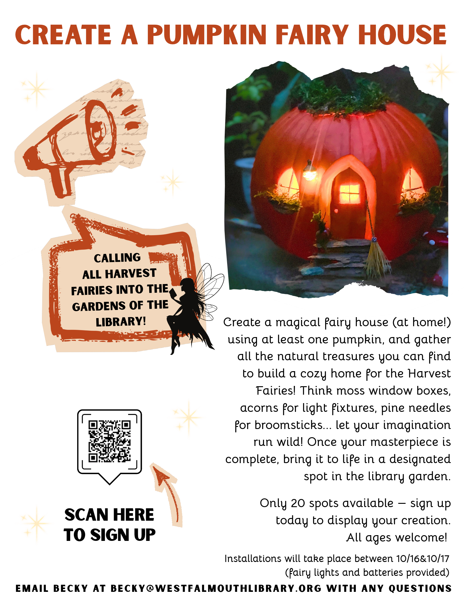 flyer for Pumpkin Harvest Fairy House activity at West Falmouth Library