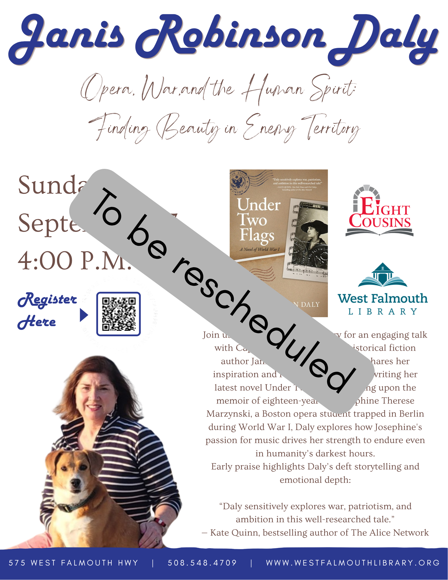 Janis Robinson Daly – to be rescheduled flyer for to be rescheduled author talk with Janis Robinson Daly at West Falmouth Library
