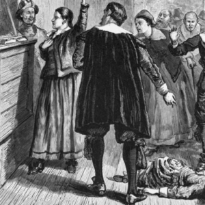 black and white illustration of Salem Witch Trials