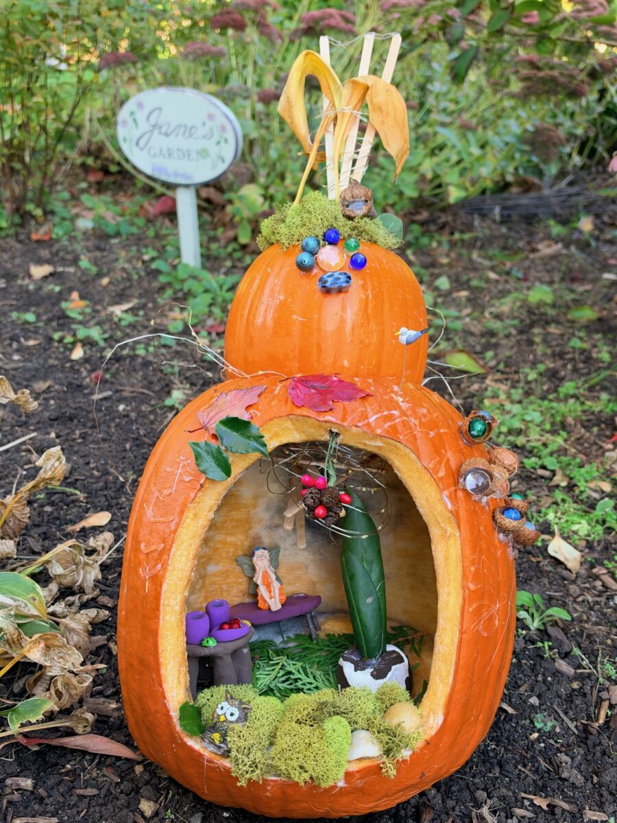 A whimsically carved pumpkin featured in the Harvest Fairy installation at the gardens of West Falmouth Library October 2026