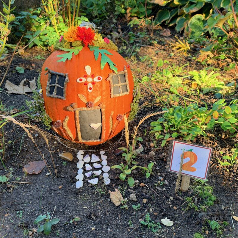 A whimsically carved pumpkin featured in the Harvest Fairy installation at the gardens of West Falmouth Library October 2026