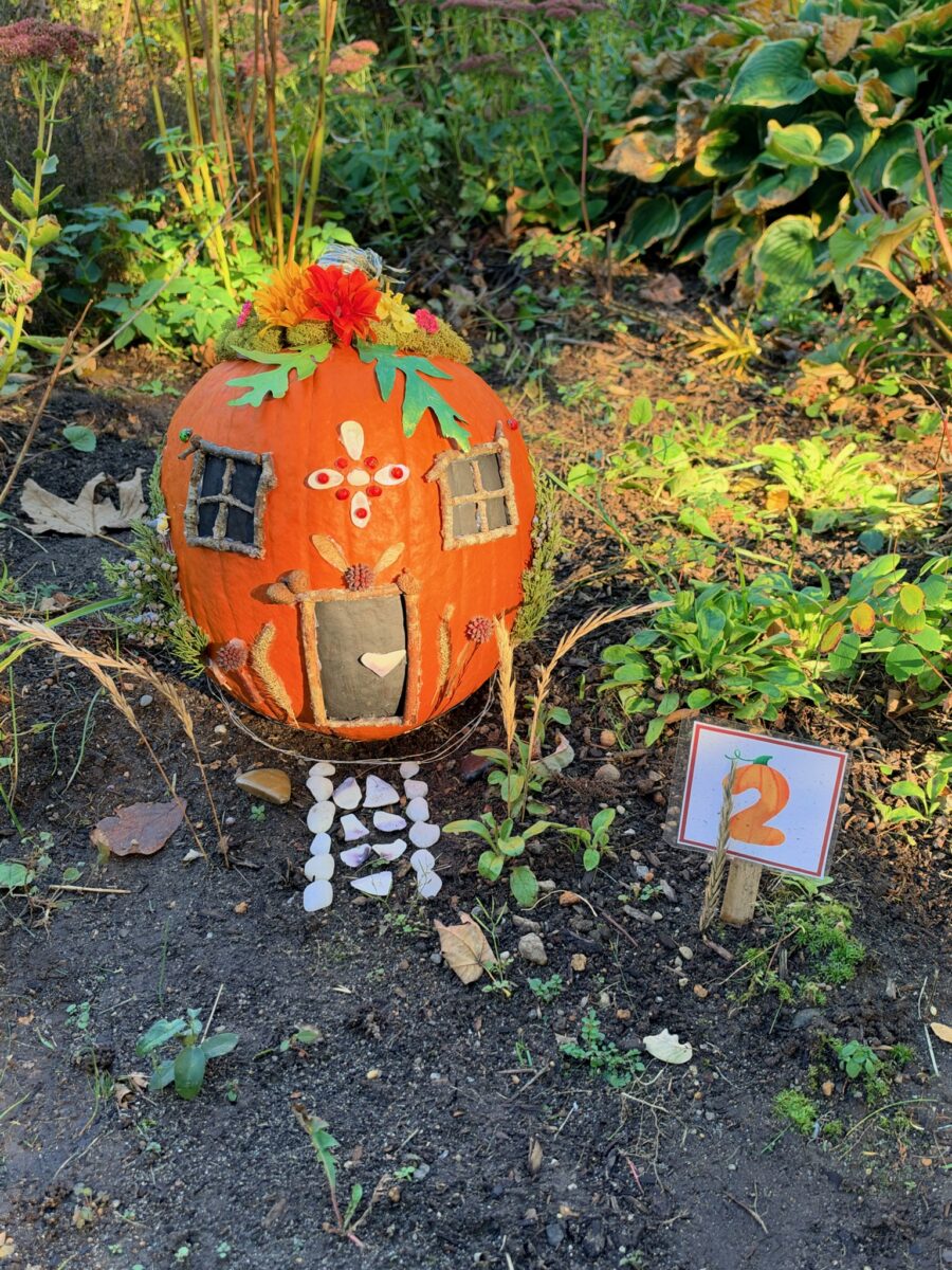A whimsically carved pumpkin featured in the Harvest Fairy installation at the gardens of West Falmouth Library October 2026