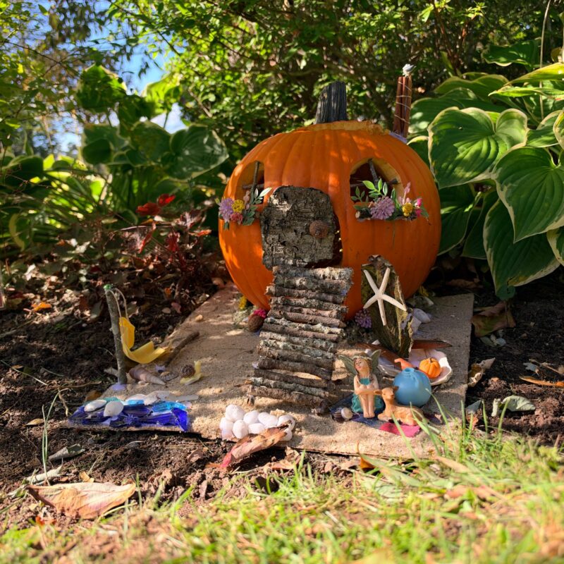 A whimsically carved pumpkin featured in the Harvest Fairy installation at the gardens of West Falmouth Library October 2026