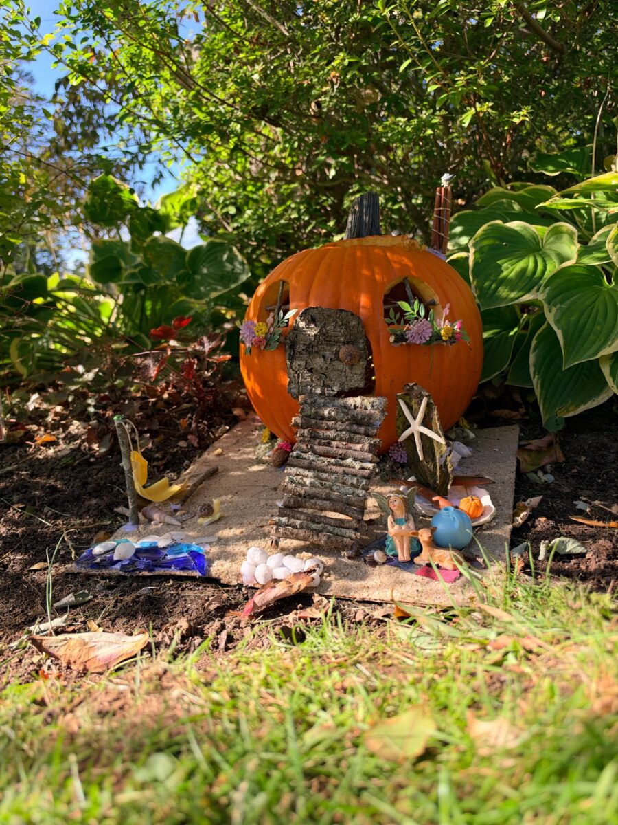 A whimsically carved pumpkin featured in the Harvest Fairy installation at the gardens of West Falmouth Library October 2026