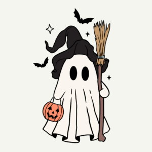 cartoon ghost trick or treating in a witch costume