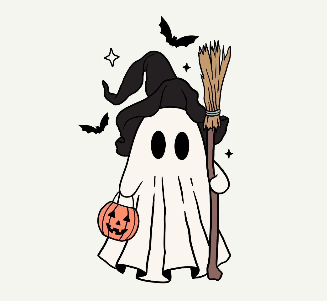 cartoon ghost trick or treating in a witch costume