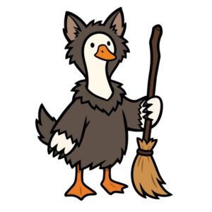 a cartoon color illustration of a goose in a Halloween costume holding a broom