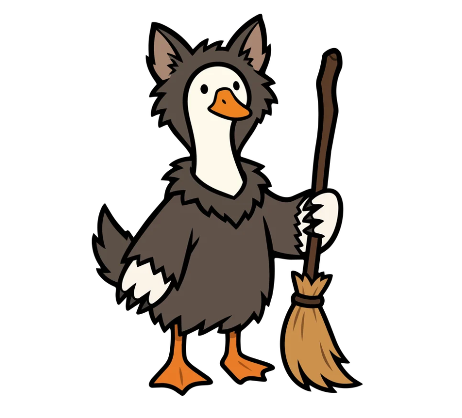 a cartoon color illustration of a goose in a Halloween costume holding a broom