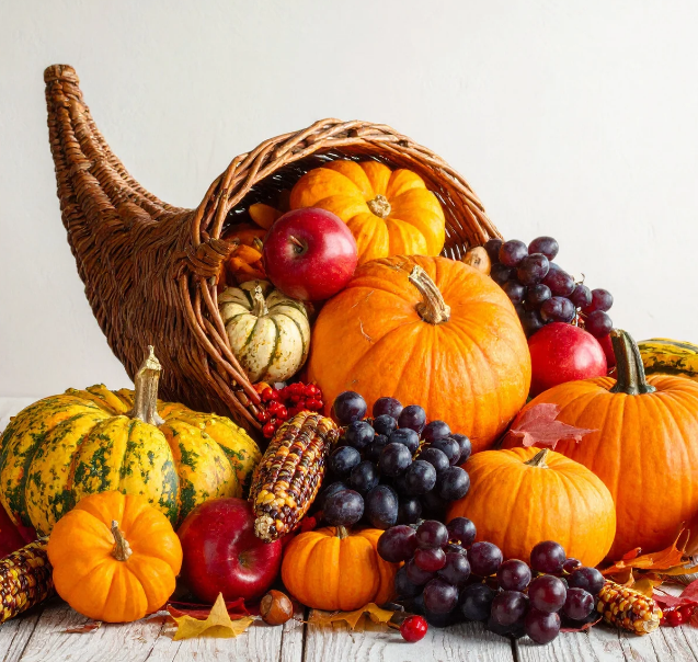 color photo of traditional cornucopia with fruits